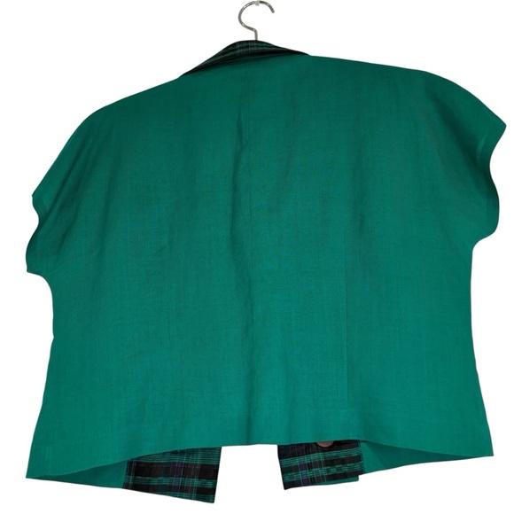 Y2K 90s ADDENDA Green Plaid Open Front Asymmetrical Crop Blazer Jacket, Small - Picture 5 of 10